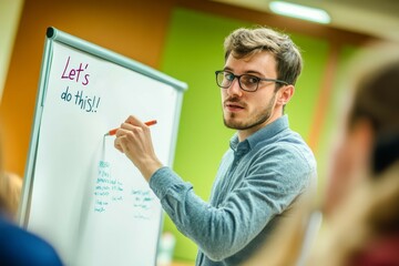 Man Writing on Whiteboard During a Presentation