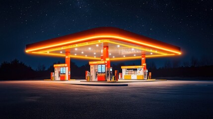 A brightly lit gas station stands alone under a starry night sky. Its vibrant neon lights illuminate the area, creating a welcoming atmosphere for travelers seeking fuel and convenience.