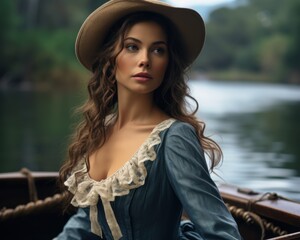 Young woman in Victorian era clothing enjoying a rowboat ride on a quiet lake