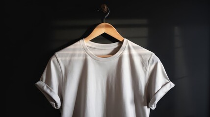 A rack of shirts, white t-shirt hanging on a hanger for mockup, simple white plain tee t-shirt hanging on wooden hanger with plain background for summer tee, clothes, apparel, clothing banner, fashion