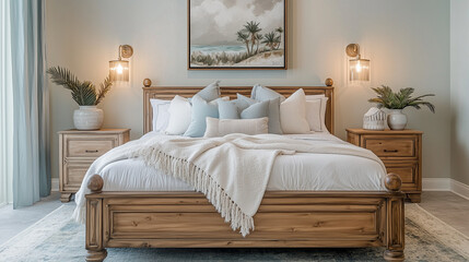 A bedroom with light blue and beige accents