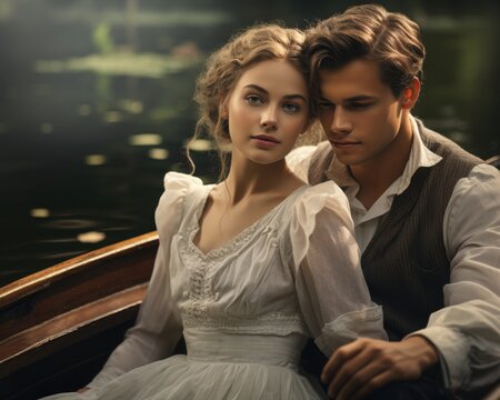 A couple dressed in Victorian era clothing enjoys a romantic rowing boat ride on a tranquil lake. - Powered by Adobe