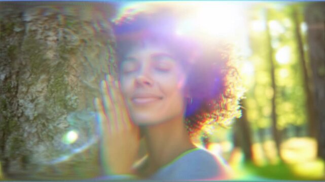 Woman hugging a tree in woods, wellness feeling peaceful emotion, nature connection - Powered by Adobe