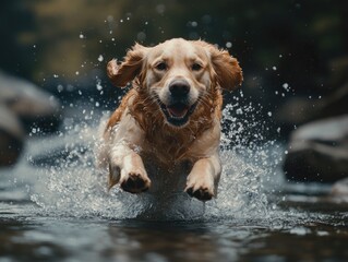Joyful Labrador Running through Water