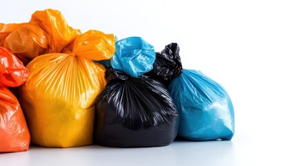 Brightly colored trash bags stacked together on a light background highlight environmental concerns, waste management, and sustainable practices in urban areas.