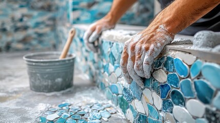 A skilled artisan meticulously applies colorful mosaic tiles, their hands dusted with grout. The vibrant blue and white patterns come to life, showcasing creativity and dedication in home renovation.