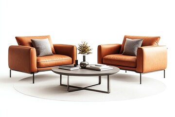 Fototapeta premium Stylish orange armchairs and a modern coffee table on a white isolated background, perfect for contemporary decor.