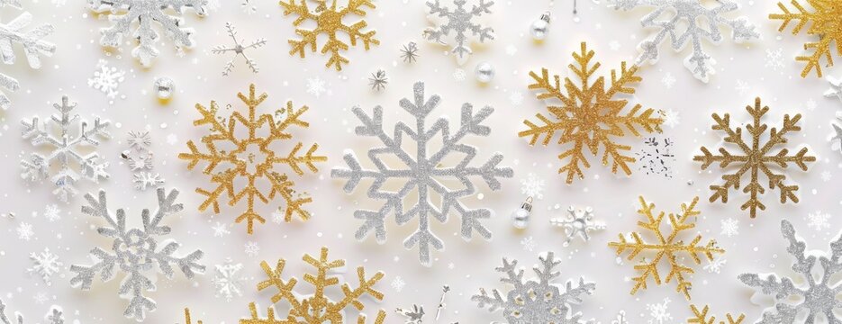 Elegant Gold and Silver Snowflakes create a classic and sophisticated design on a White Background, perfect for a festive and glamorous celebration with a touch of artistry and gracefulness