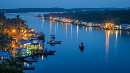 A serene riverside view at dusk with illuminated boats and reflections on the water.