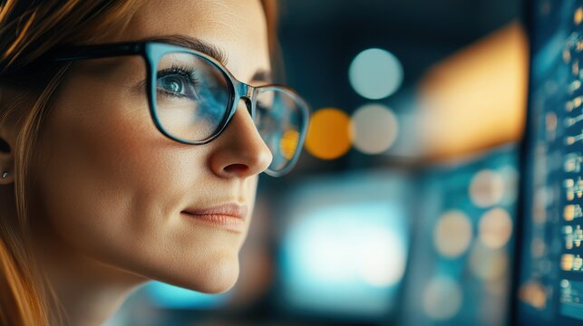 A close-up view of a woman wearing glasses as she concentrates on a digital screen, portraying detail-oriented work and intellectual engagement in a modern setting.
