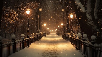 Fototapeta premium A serene snowy pathway illuminated by street lamps in a tranquil winter setting.