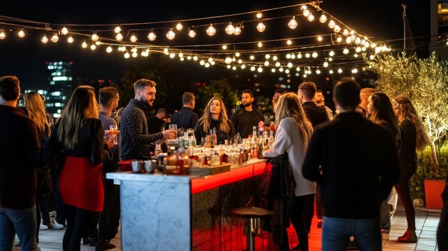 A lively rooftop bar scene at night with people socializing and enjoying drinks under string lights.