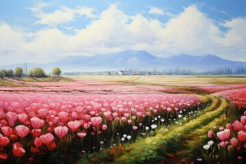 Tulip flowers field landscape painting outdoors.