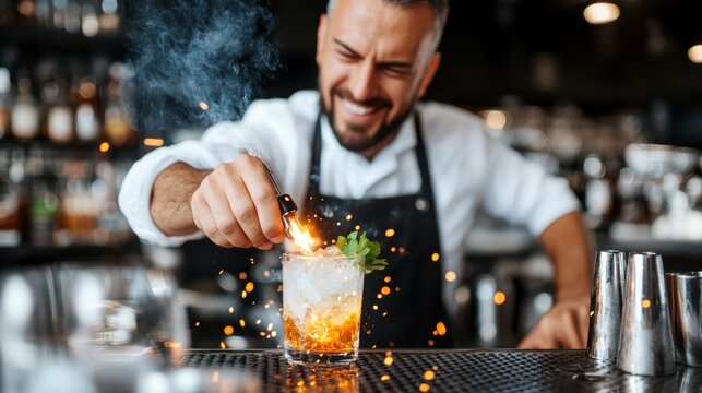 A bartender skillfully performs fiery tricks with a cocktail, showcasing both the spectacle and art of mixology in a vibrant and energetic bar environment.