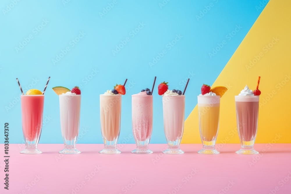 Poster tall glasses filled with a variety of colorful drinks and milkshakes are displayed against a bright 