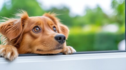A sweet dog with big eyes gazes dreamily through a window, suggesting introspection and hope on a sunny day. The lush greenery outside adds tranquility.