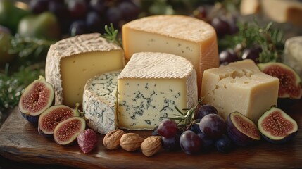 A vibrant cheese platter showcases an array of cheeses, figs, grapes, and salami, beautifully arranged with fresh herbs and nuts, inviting guests to indulge in a delightful culinary experience.