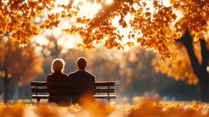 A couple sits closely on a park bench, admiring the golden autumn leaves above them. The warm sunlight adds romance and serenity to the beautiful scene.
