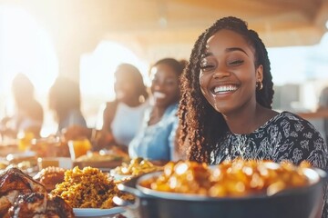 A young Black woman smiles brightly while sitting at a table with friends, enjoying a meal together.