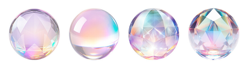 Iridescent crystal spheres with faceted designs and rainbow reflections