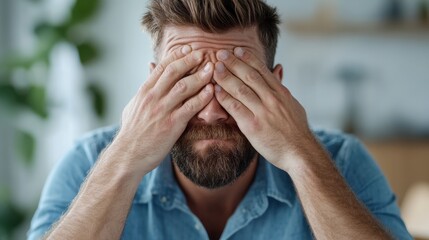 Fototapeta premium A stressed man wears a casual shirt as he sits indoors, covering his eyes with his hands, conveying frustration or overwhelming emotions in a personal space.