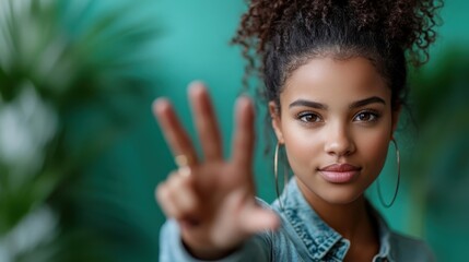 A smiling young woman standing with three fingers upraised, set against a vibrant background, representing joy, freedom, and positive energy in youthful style.