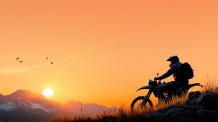 A lone motorcyclist, silhouetted against the glowing sunset, enjoys a picturesque mountain vista, capturing a moment of solitude and reflection at day's end.