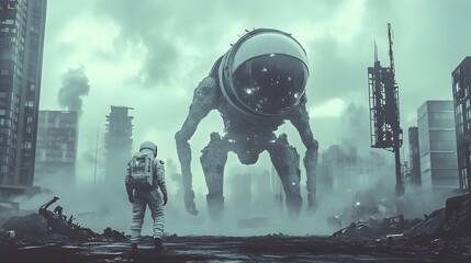 Fototapeta premium An Astronaut Standing Before a Giant Mechanical Creature in a Post-Apocalyptic City