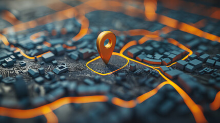 3d location symbol on minimal city map, with random lines showing confusion and error 