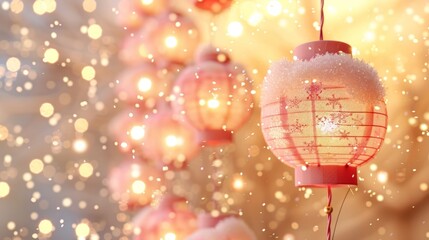 Fototapeta premium Elegant hanging Christmas baubles in red color with glowing sparkling bokeh lights in the blurred background creating a festive merry and cozy winter holiday atmosphere