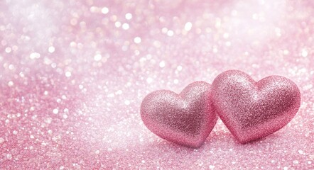 Fototapeta premium Glistering Romance: Abstract Valentine's Day Concept with Two Hearts on Pink Bokeh Sparkle Background