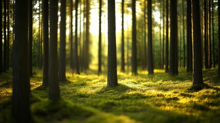 Obraz premium Sundrenched forest, a tranquil escape into nature's embrace experience the beauty and serenity