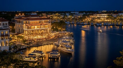 Nighttime view of a waterfront area with illuminated buildings and boats.
