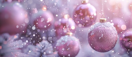 Sparkling pink and purple Christmas ornaments hanging on snowy tree branches with soft snowfall in the air creating a festive and magical winter scene