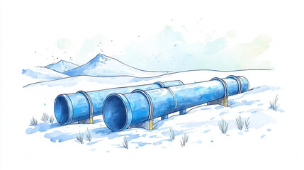 A blue pipeline rests in a snowy landscape, surrounded by mountains, showcasing a serene, wintry scene.
