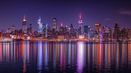 Fototapeta premium A vibrant city skyline at night, reflecting lights on the water.
