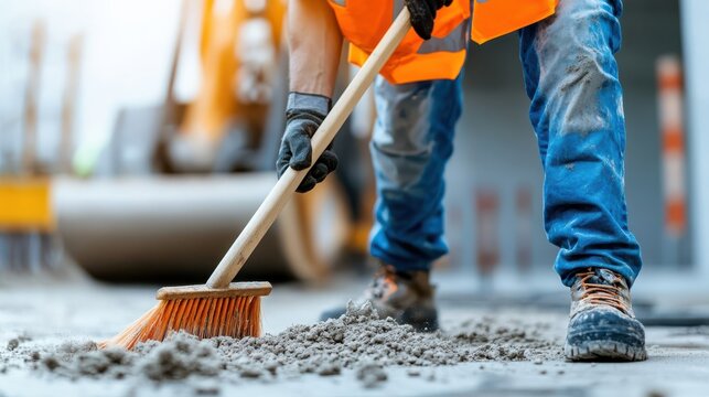 A construction worker in a bright orange vest carefully sweeps dust on a busy building site, exemplifying discipline, commitment, and the essence of laborious tasks.