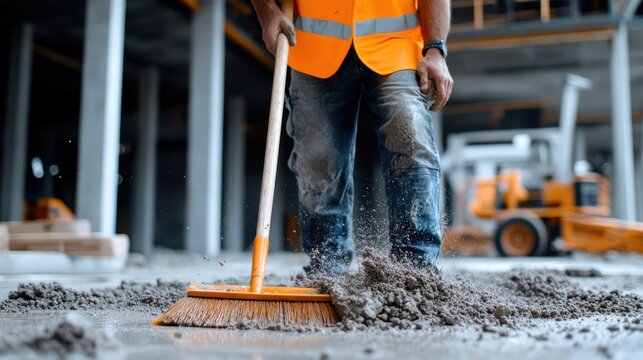 A construction worker in a vibrant orange vest sweeps up cement on a lively building site, reflecting dedication, industry, and the grit of manual labor.