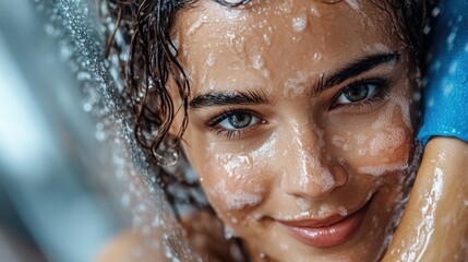 A close-up captures a woman's joyful expression as she showers with water cascading and soap suds glistening on her face, reflecting a moment of pure refreshment.