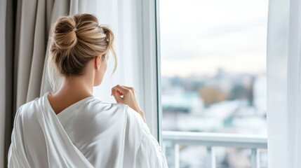 This image captures a woman viewed from behind as she gazes out a window, wearing a robe that suggests an introspective, tranquil moment, with soft natural lighting.