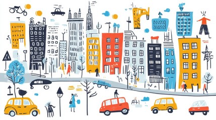 Naklejka premium A lively street filled with colorful hand-drawn buildings, cars, and cheerful people enjoying their day in a vibrant urban setting. Generative AI