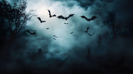 Silhouettes of bats flying in dark, spooky and foggy night, Halloween or Friday the 13th concept.