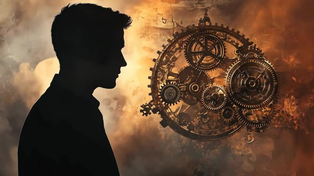 A silhouette of a man stands in front of a large clockwork mechanism in a fiery background