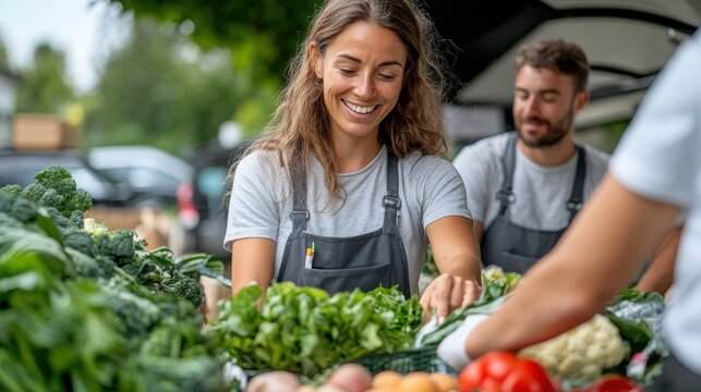 A joyful woman in a grey apron arranges fresh vegetables at a market stall, with a man smiling in the background, highlighting teamwork and freshness.
