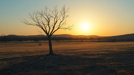 Fototapeta premium An image of a scorched landscape with a solitary dry tree against the backdrop of a blazing sun