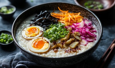 A bowl of savory rice porridge with toppings.