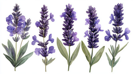 Naklejka premium Watercolor Lavender Flowers on White Background