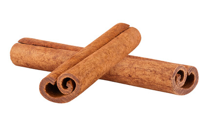 Two cinnamon sticks isolated on a white background. Fragrant and aromatic spice, perfect for baking and cooking.
