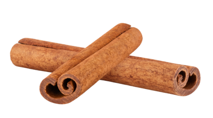Two cinnamon sticks isolated on a white background. Fragrant and aromatic spice, perfect for baking and cooking.