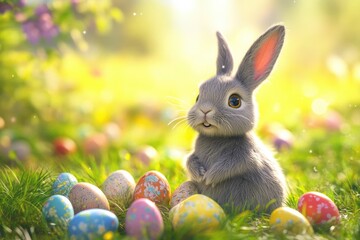 Adorable Easter Bunny and Eggs in Colourful 3D Illustration
